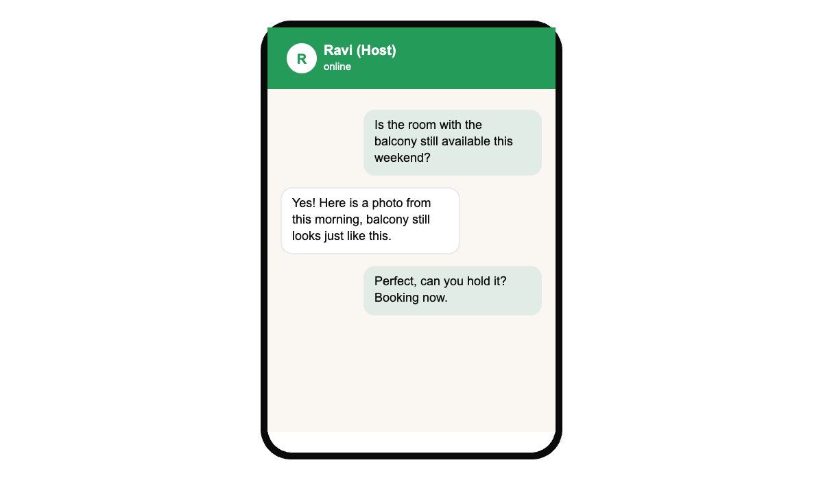 A traveler messaging a homestay host directly on WhatsApp to ask about a room before booking