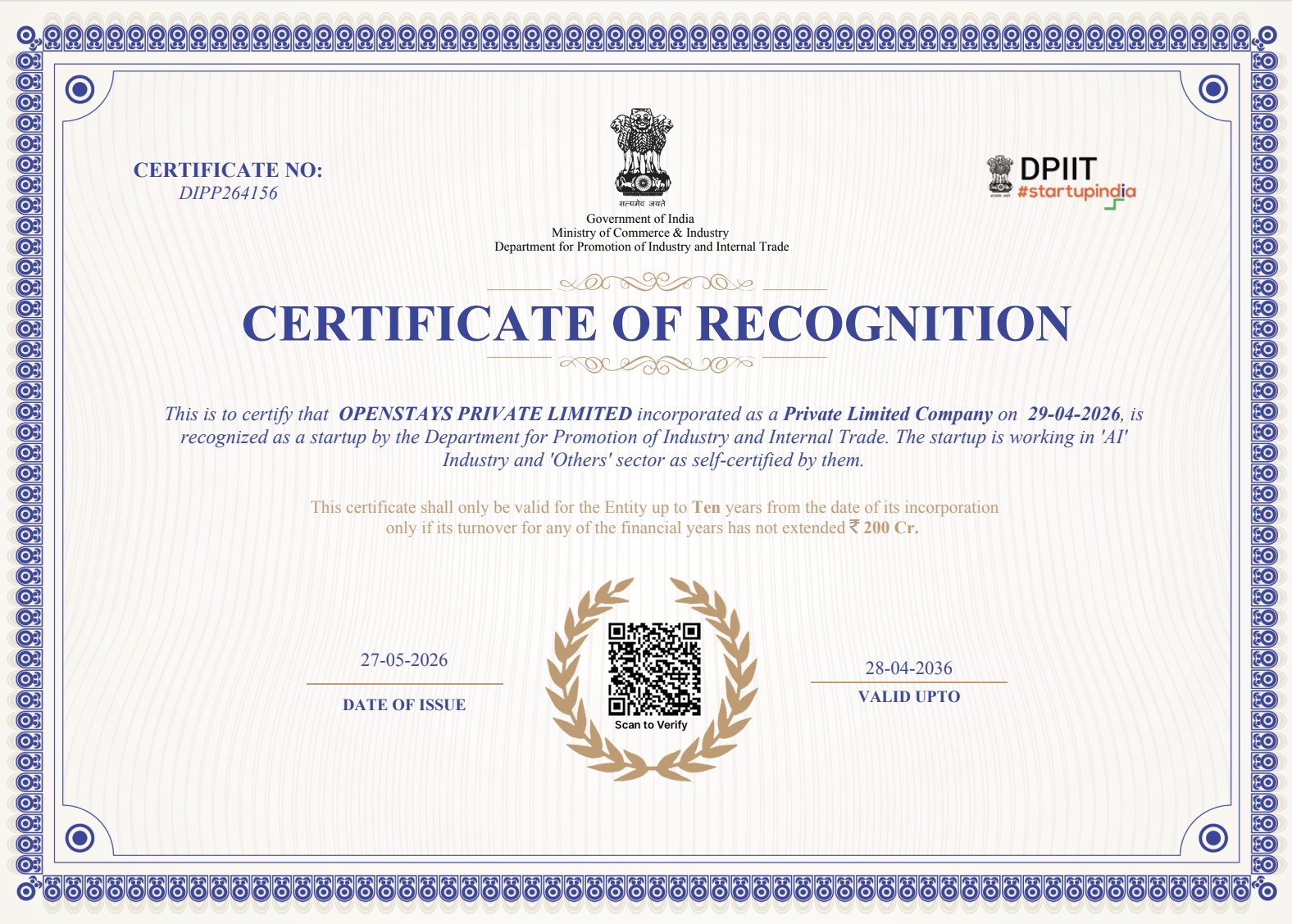 Get More Bookings for Your Property 4 DPIIT Certificate of Recognition for OpenStays Private Limited, certificate number DIPP264156