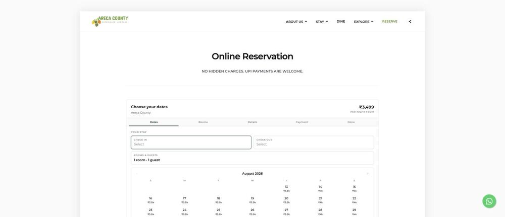 The booking engine widget on Areca County’s dedicated reservation page, showing a live rate calendar