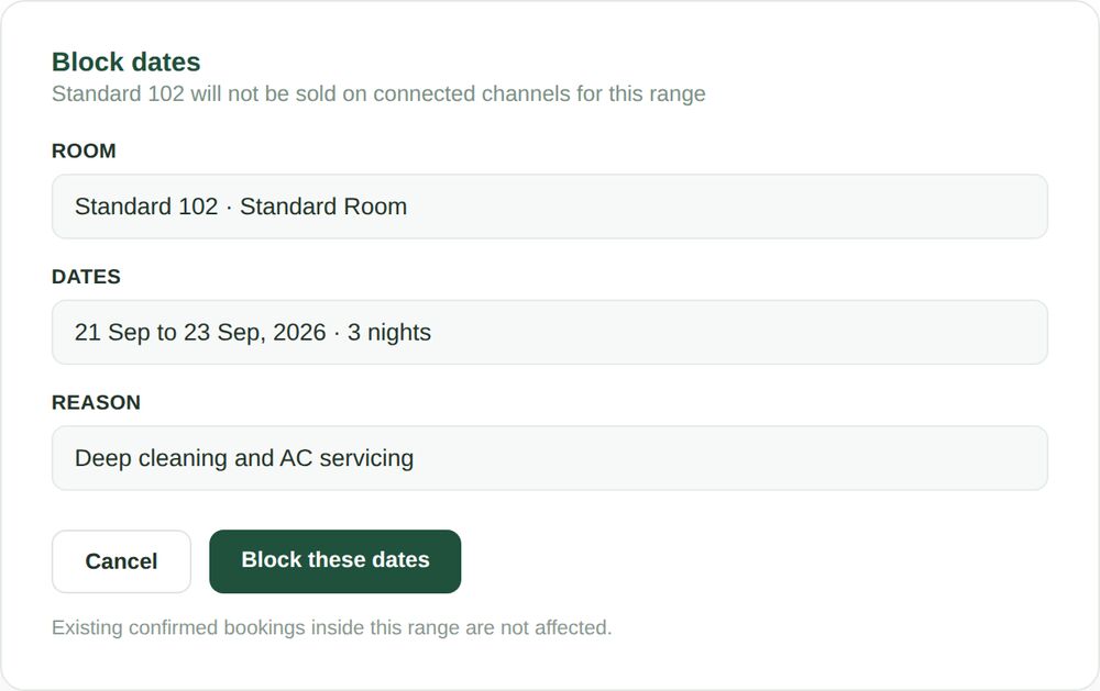 OpenStays block dates panel showing a room being blocked for a date range with a reason field before confirming