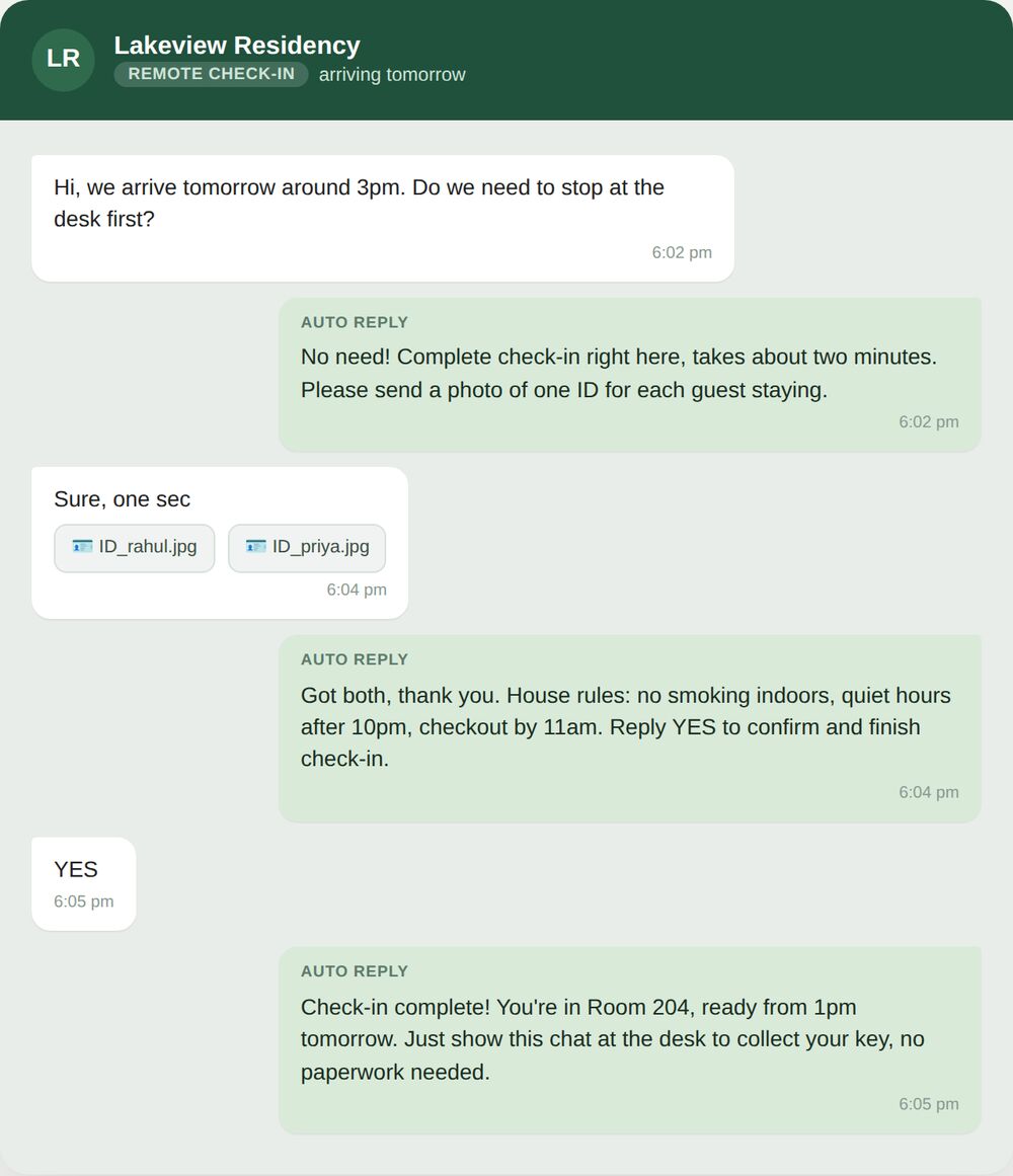 WhatsApp Remote Check-In 1 WhatsApp conversation showing a guest completing remote check-in, sending ID photos, confirming house rules, and receiving their room number before arrival