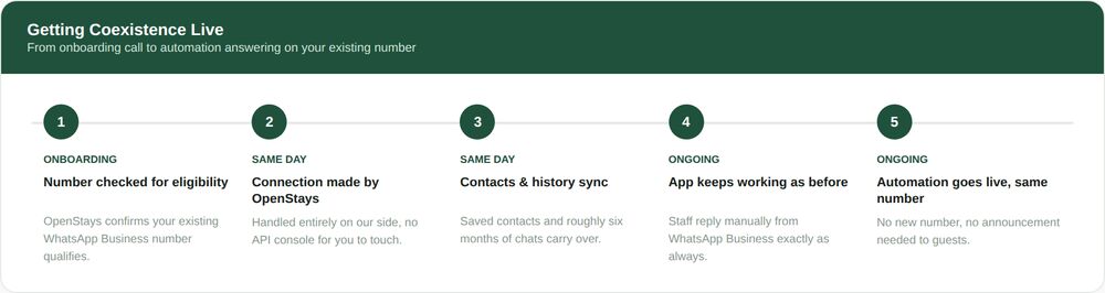 WhatsApp Coexistence 5 Five step timeline showing how coexistence gets set up, from checking the number qualifies during onboarding, to OpenStays making the connection, syncing contacts and history, the app continuing to work as before, and automation going live on the same number