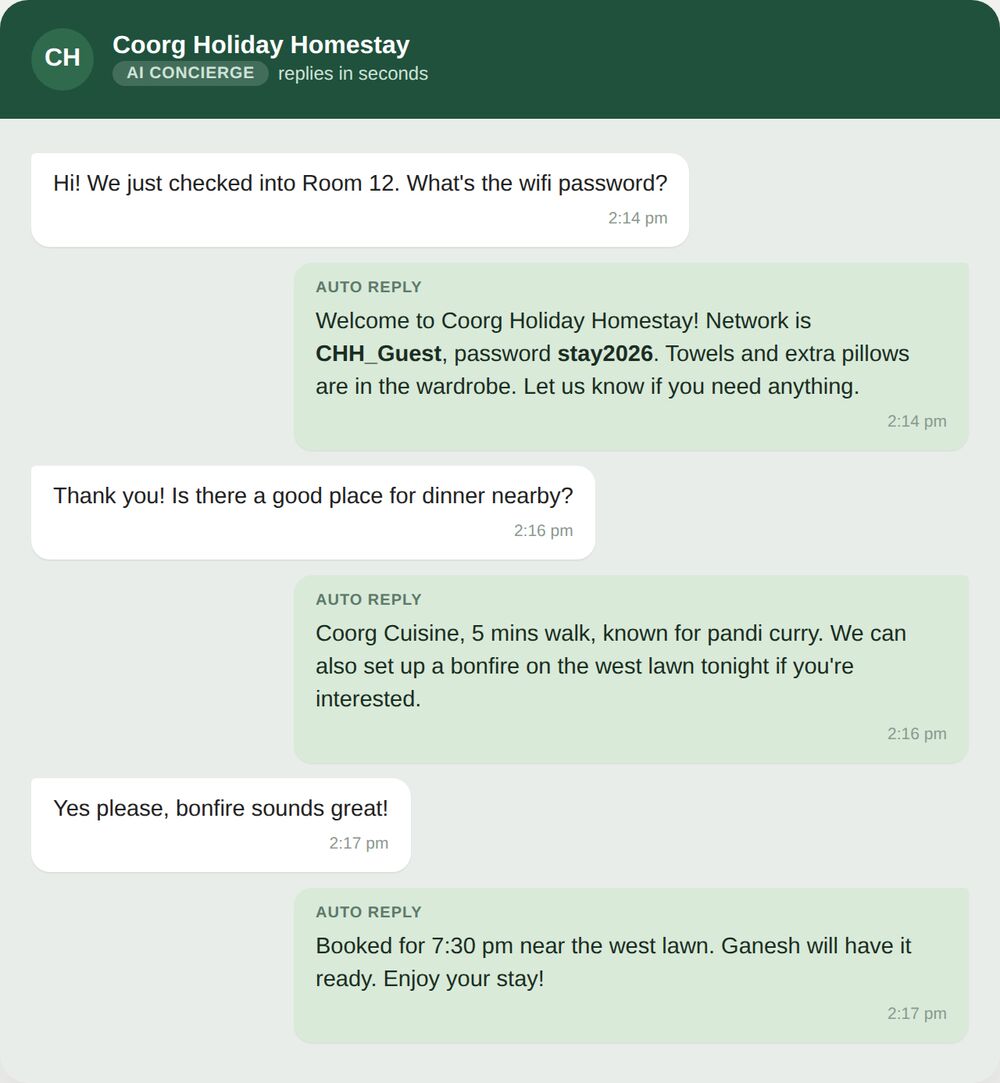 AI WhatsApp concierge chat answering an in-stay guest question about wifi and dinner recommendations