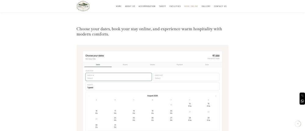 The same booking widget embedded on Hill View Villa’s dedicated Book Online page