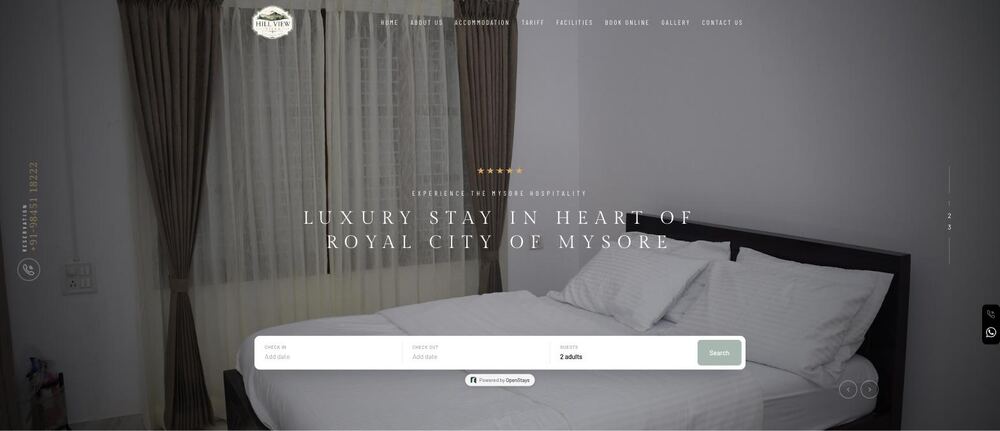 Booking widget for website added to the Hill View Villa homepage, with a Powered by OpenStays badge