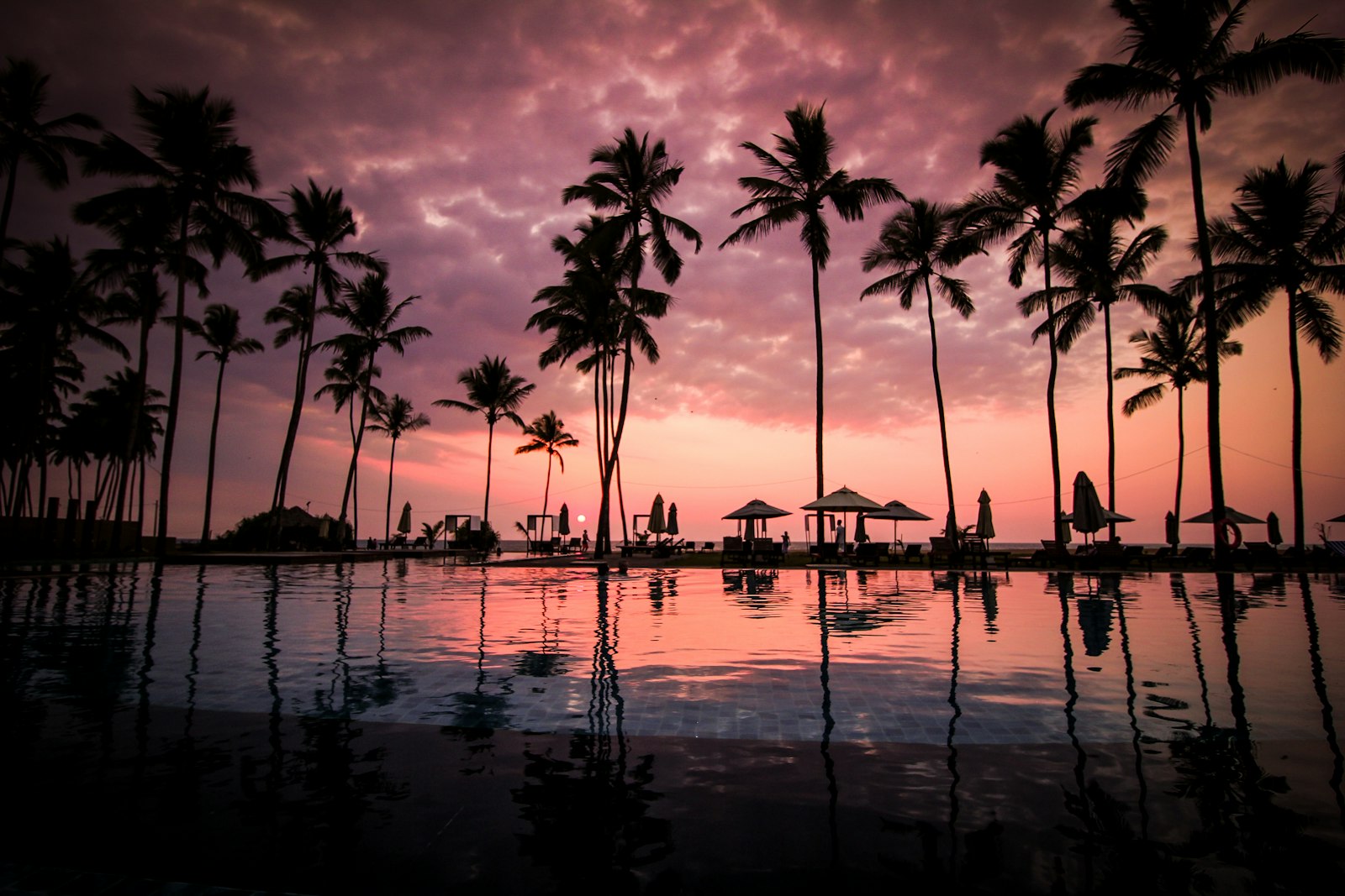 Resort infinity pool at sunset during peak travel season