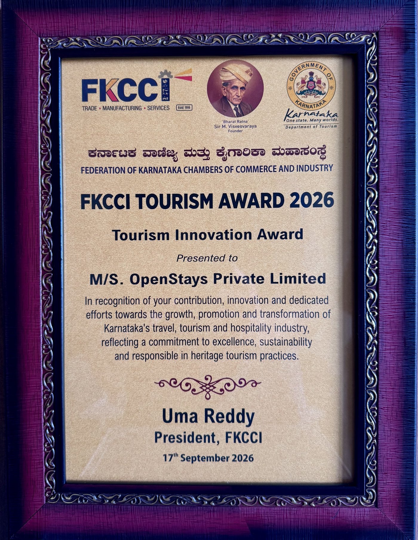 The FKCCI Tourism Innovation Award 2026 plaque presented to OpenStays Private Limited