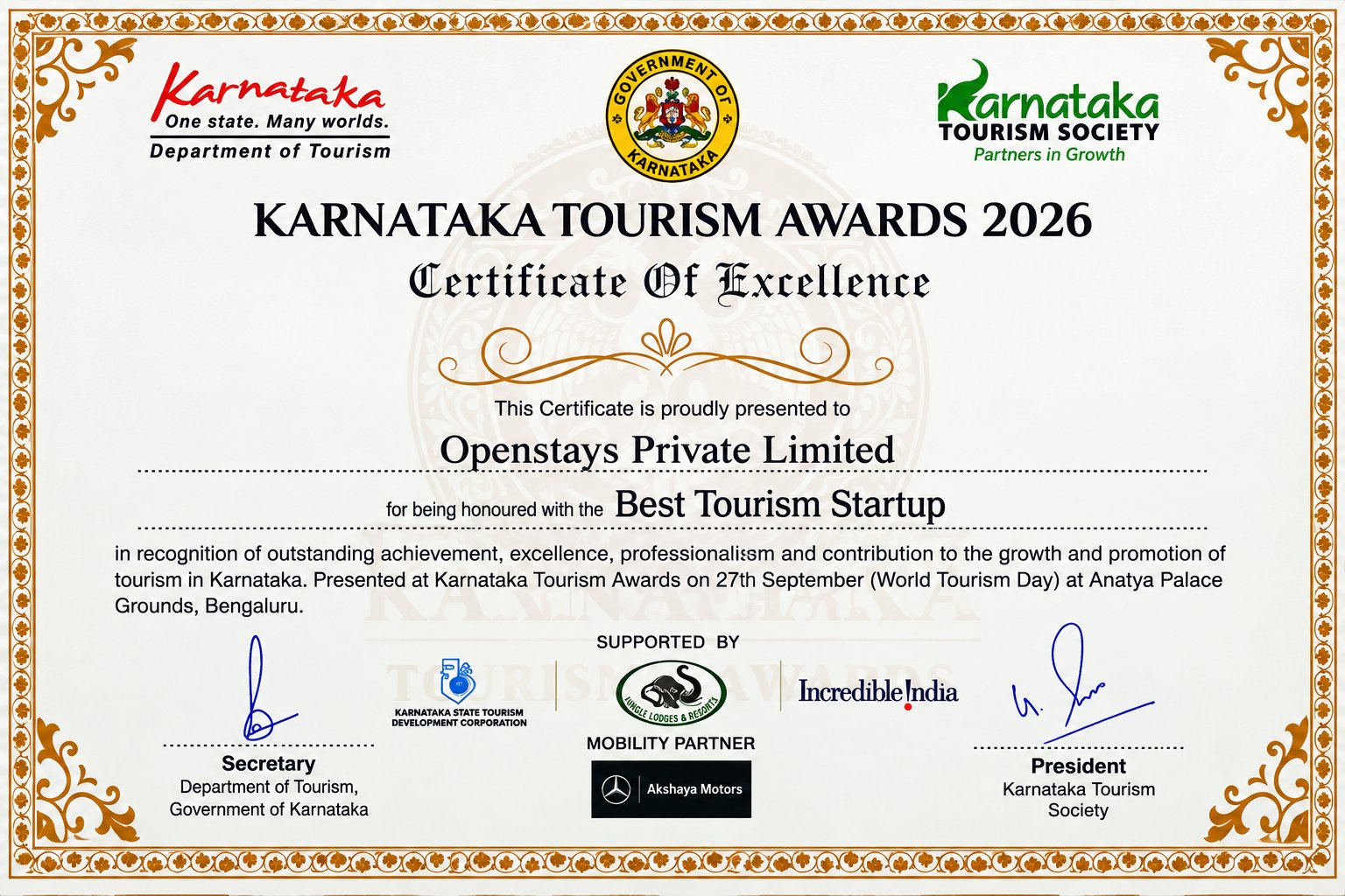 Karnataka Tourism Awards 2026 Certificate of Excellence presented to OpenStays Private Limited for Best Tourism Startup