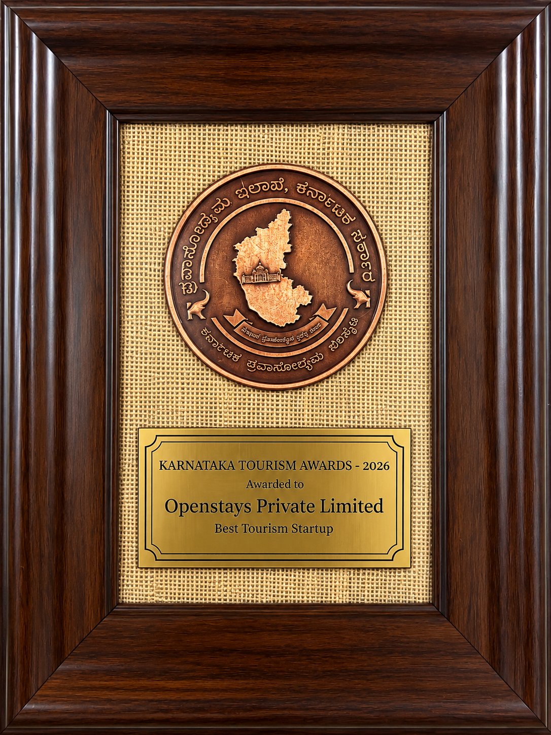 Karnataka Tourism Awards 2026 memento awarded to OpenStays Private Limited for Best Tourism Startup
