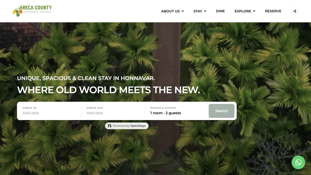 Areca County’s own website with the OpenStays date and guest search widget