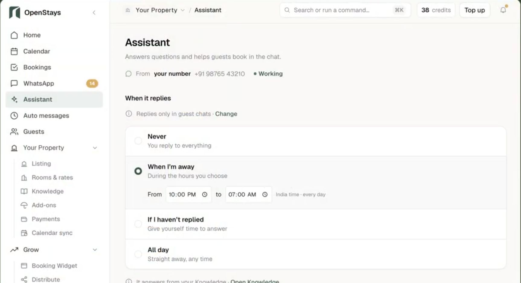 Assistant settings showing an away schedule, delayed replies and all-day options in the OpenStays overview