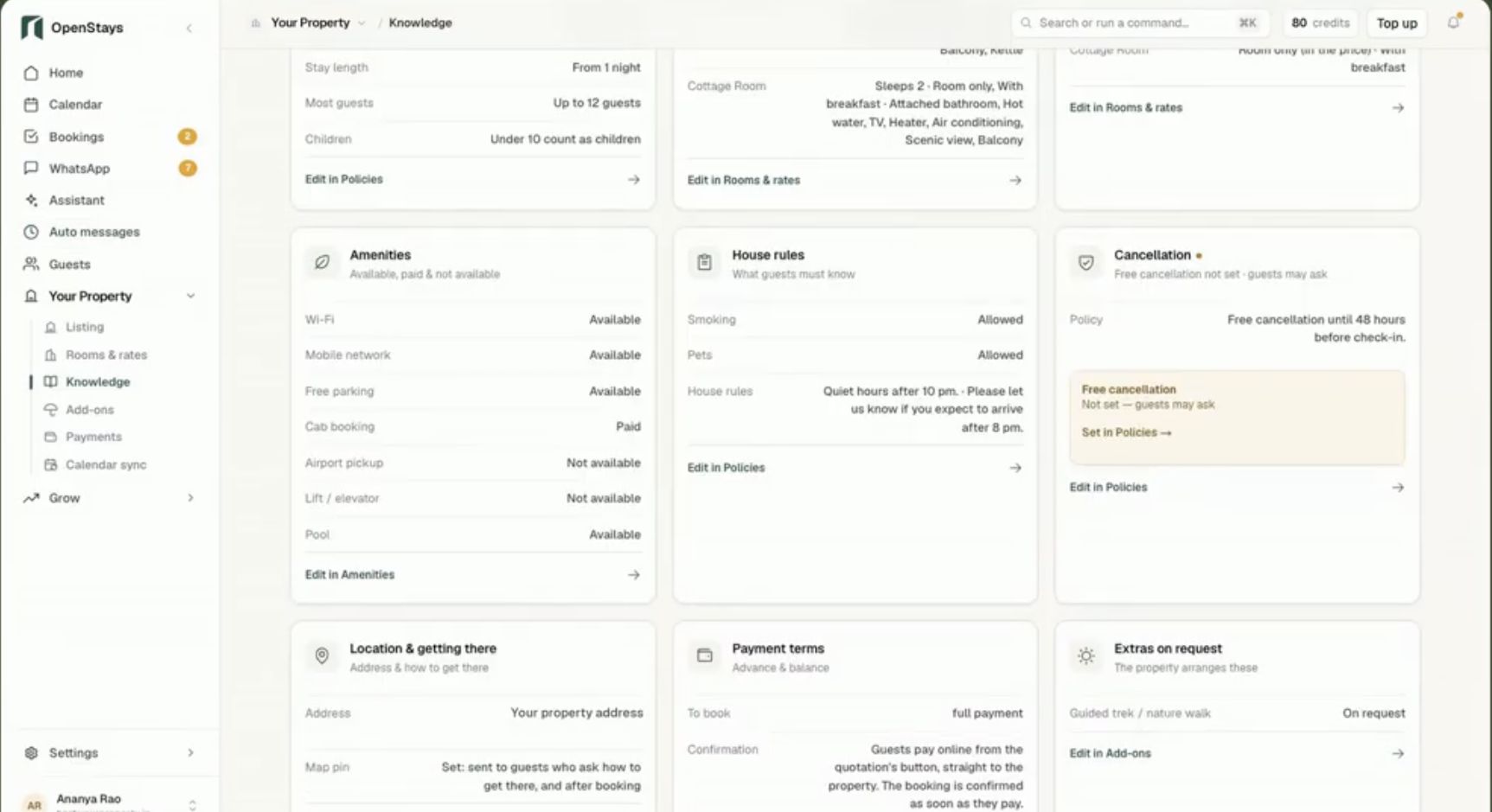 Property knowledge screen showing amenities, house rules and payment terms from the OpenStays overview