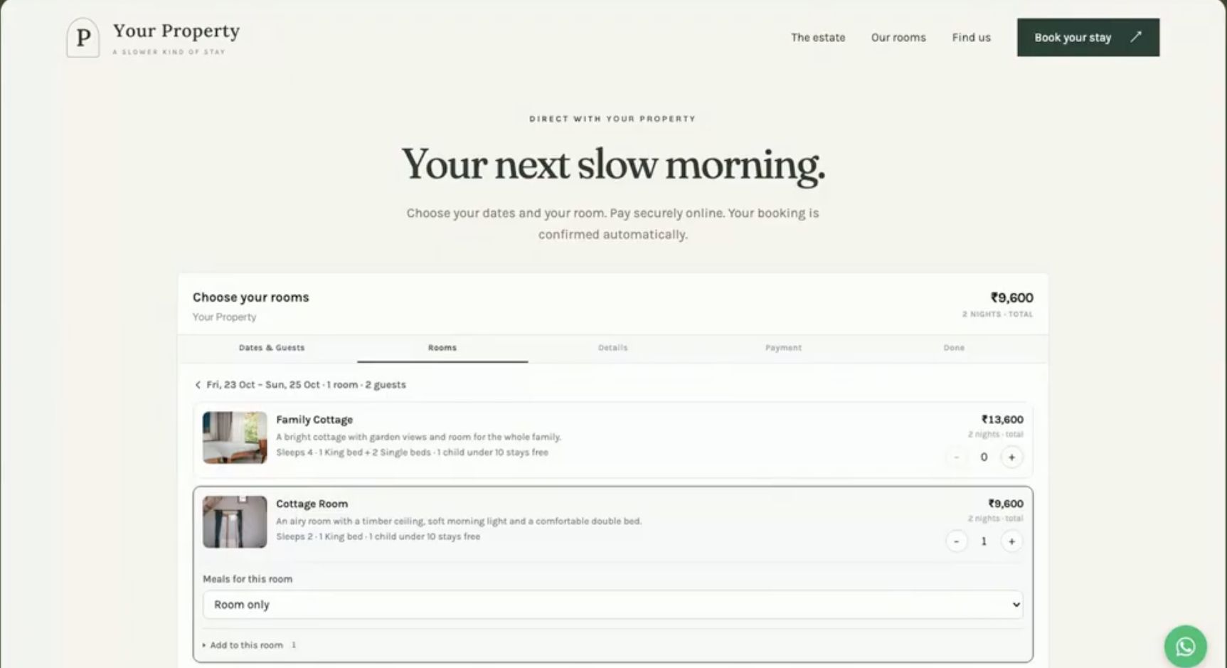 Website booking widget showing room choices and payment steps in the OpenStays product overview